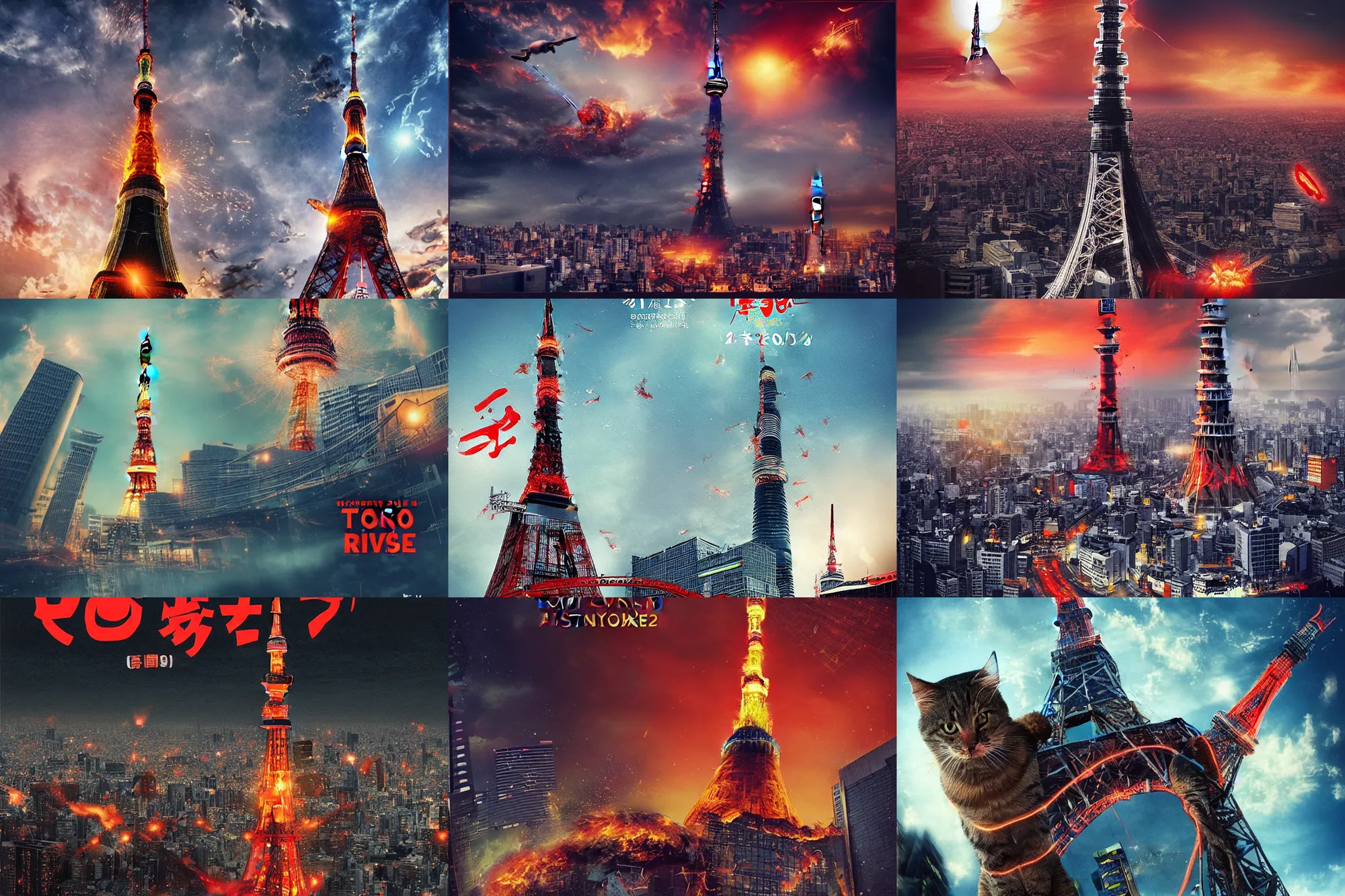 Prompt: “cat attacking Tokyo tower, disaster movie poster, cgstudio”
