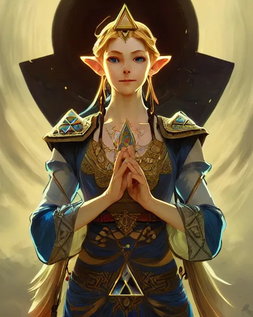 Image similar to zelda with triforce, fantasy, intricate, elegant, highly detailed, digital painting, artstation, concept art, wallpaper, smooth, sharp focus, illustration, art by artgerm and greg rutkowski and alphonse mucha and wlop