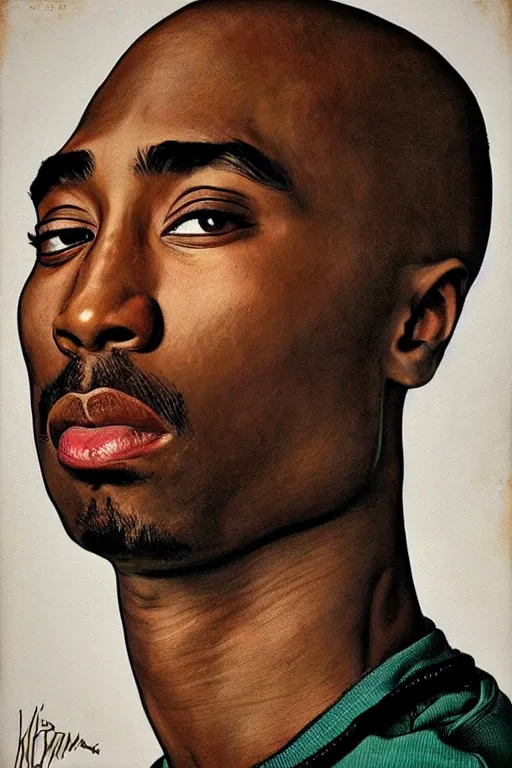 Image similar to Tupac, illustrated in whimsical style, Illustration by Norman Rockwell, Kehinde Wiley!!, artgerm, loish, oil painting,