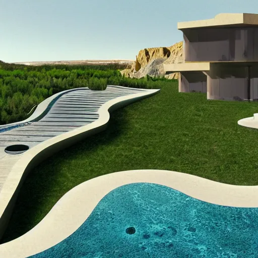 Image similar to architectural rendering of habitat 6 7 in the desert, biophilia mood, pool, garden