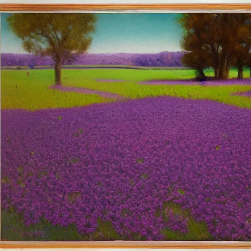 Prompt: a painting of purple flowers in a field, a matte painting by Edward Okuń, featured on deviantart, american impressionism, matte painting, anime aesthetic, matte drawing, pastel