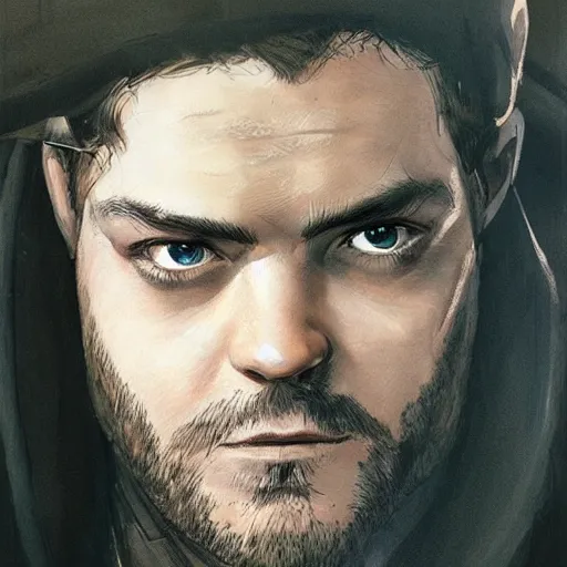 Image similar to beautiful portrait of a man with a short-beard blue eyes(looking like joshua jackson and aaron paul, sean astin), in the style of Enki Bilal and Joe Jusko and Alex Ross, backlit, concept art, trending on artstation