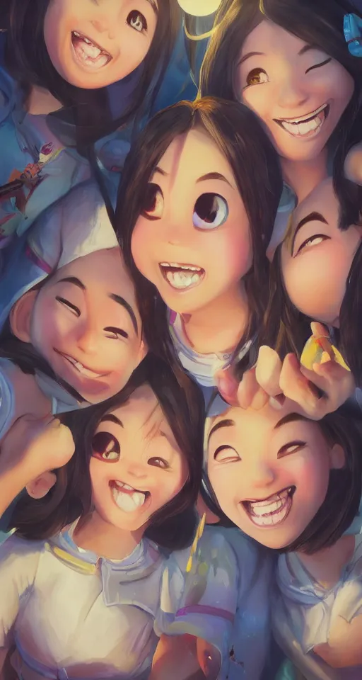 Prompt: a painting of cute Asian girls smiling, in the style of DreamWorks animation, low angle view, 16mm lens, award winning, hyper detailed, dramatic lighting, artstation, octane renderer, unreal engine