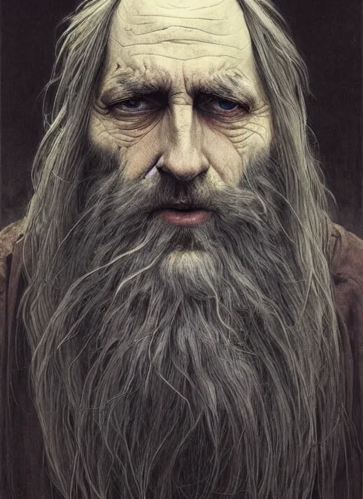 Prompt: portrait of a 6 0 year old giant man with long tangles of thinning gray hair and beard, one eye missing, wearing gray hooded cloak, hyper realistic face, two ravens above him, very low angle, fantasy art, in the style of greg rutkowski, intricate, alphonse mucha, hyper detailed, smooth