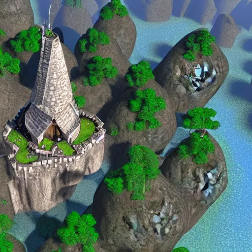 Image similar to a top down view of a town with a wizard tower in the center, a big rock with encrusted diamonds to the north, a big rock with encrusted emeralds to the south and a cave to the east, from a resource gathering game