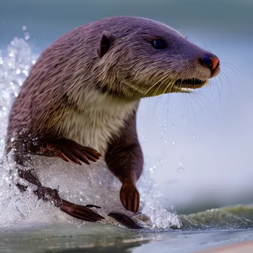 Image similar to a closeup photorealistic photograph of a cute kangaroo - otter hybrid splashing in the surf during sunset. professional capture, well lit shot. this 4 k hd image is trending on artstation, featured on behance, well - rendered, extra crisp, features intricate detail, epic composition and the style of unreal engine.