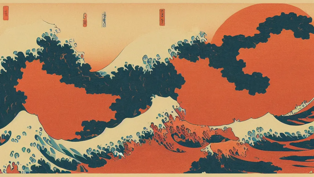 Prompt: a lava tsunami in the style of hokusai, artstation, digital art,