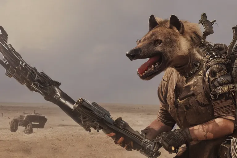 Image similar to a good ol'hyena fursona ( from the furry fandom ), heavily armed and armored facing down armageddon in a dark and gritty version from the makers of mad max : fury road. witness me.