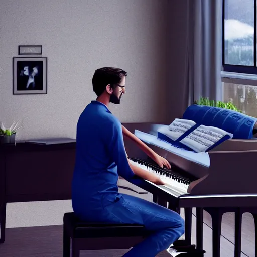 Image similar to a photorealistic photograph of a tall and handsome kidney transplant expert playing the piano. Trending on Artstation, featured on Behance, well-rendered, Unreal Engine, 4K HD