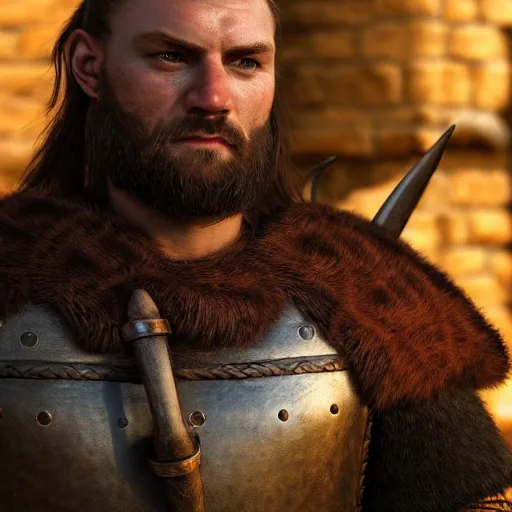 Image similar to a hyperrealistic render of a 9 th century viking, extremely pronounced masculine features, leather armor with nordic religious decorations, low dutch angle, face in focus, natural lighting, realism, nordic facial structure, muscular, unreal engine 5, octane