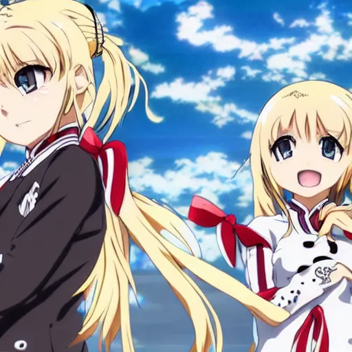 Image similar to key anime visual of a tsundere with blonde hair and twintails; official media