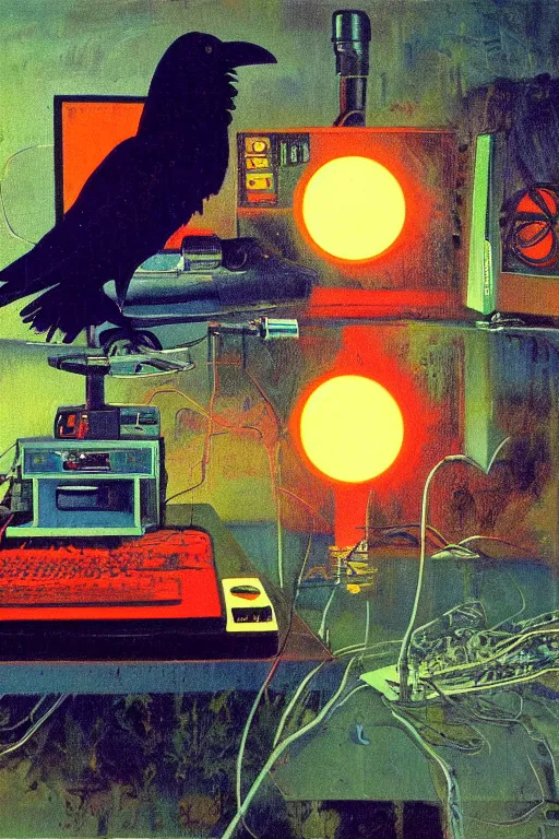 Image similar to a raven observing 8 0 s era technology, vintage shapes, retro technology, glowing color, wayne barlow, oil on canvas, deep depth of field, masterpiece, cinematic composition, hyperdetailed