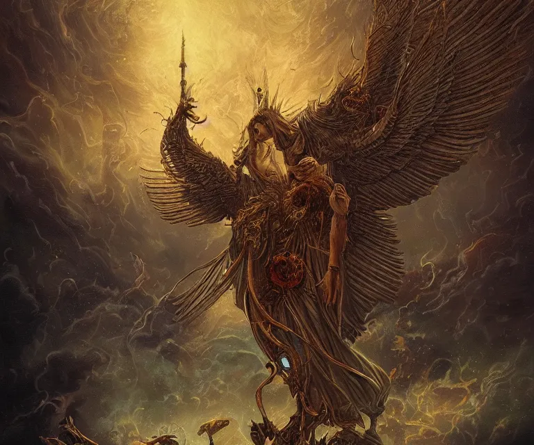 Prompt: a beautiful tarot card artwork of a fallen seraphim, horror, backlit, gloomy sky, highly detailed, digital painting, intricate golden threads, by greg rutkowski and peter mohrbacher and dan mumford and artgerm, vivid colors, detailed shading, 8 k resolution, intricate, smooth