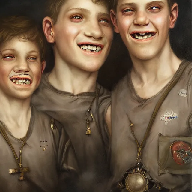 Image similar to a portrait of happy boys by tom bagshaw and manuel sanjulian