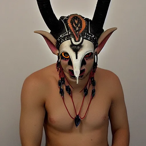 Prompt: A human-like creature with glowing white eyes and a powerful, thick neck. Ram-like horns protrude from it's head. Tribal bone jewelry decorates his features