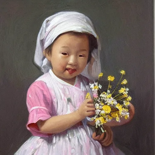 Prompt: https://media.discordapp.net/attachments/1005627781566185532/1005791217520488508/Asian_little_girl_holding_flowers_bust_oil_paintingCGHD8K_-S_1053138150_ts-1659868519_idx-0-1.png Chinese cute little girl holding incense burner