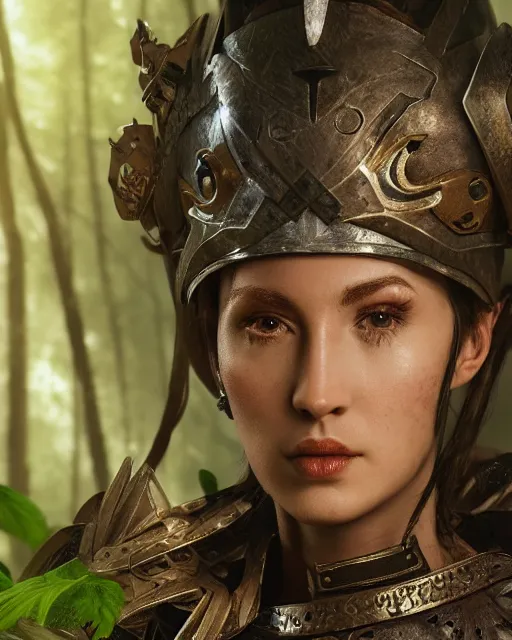 Prompt: digital art of a warrior woman in a jungle wearing heavy medieval knights armor, character art, covered in armor detailed face, beautiful face, 4 k, octane render