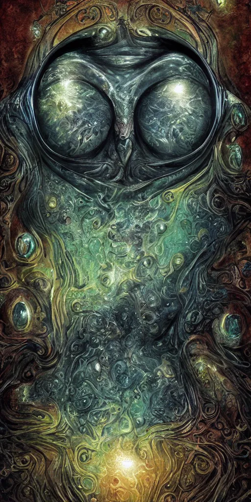 Prompt: a tarot card of an alien face made of water texture, incredible highly detailed digital paiting, epic lighting, highly detailed symbols as frames of the card