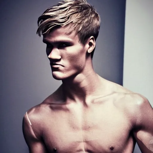 Image similar to a realistic detailed photo of a guy who is an attractive humanoid who is half robot and half humanoid, who is a male android, soccer player martin ødegaard, shiny skin, posing like a statue, blank stare, in a living room, on display, showing off his muscles