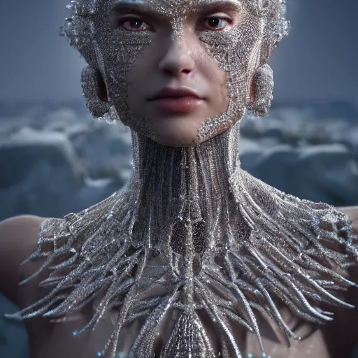 Image similar to full body detailed, ethereal, biomechanical, covered in diamonds and other gems glowing, highly detailed face, elegant posed, intricate, extremy detailed, beeple, cgsociety, 3 d unreal engine octane render. cinematic lighting, highly detailed 4 k art