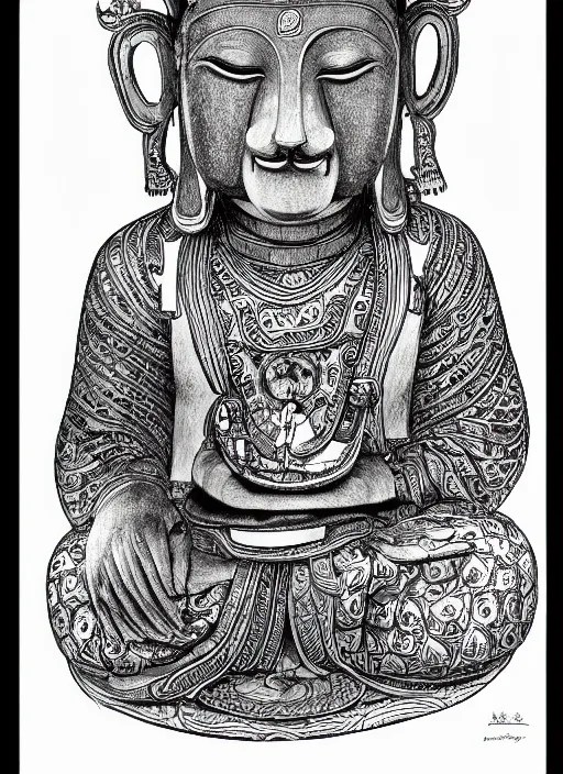 Prompt: detailed pen and ink illustration of a man with a bears head, Buddhist bodhisattva, anthropomorphic, all drawn with micron, seated in royal ease, black micron pen on white paper, highly detailed, fine pen work, white background