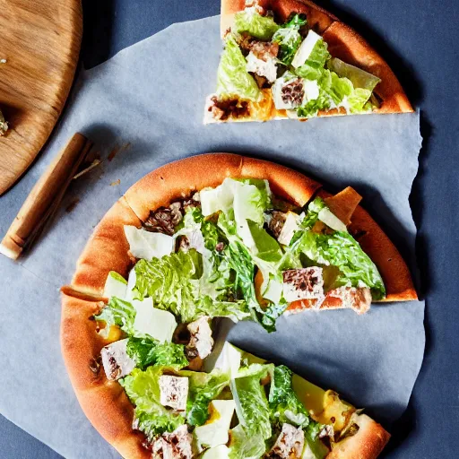 Prompt: caesar salad pizza, cookbook photo