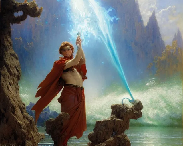 Image similar to attractive male wizard casting powerful tsunami wave spell in a beautiful lake. highly detailed painting by gaston bussiere, craig mullins, j. c. leyendecker 8 k