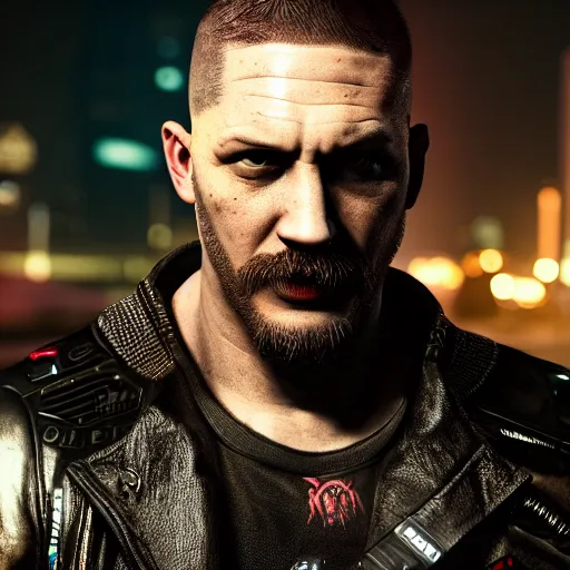 Image similar to tom hardy portrait, cyberpunk 2 0 7 7, cyberpunk, photorealistic, ultra detailed, neon, octane, bokeh, cinematic lighting, cyber, cyberpunk city, studio quality, feature, scars, cyberface, 8 k