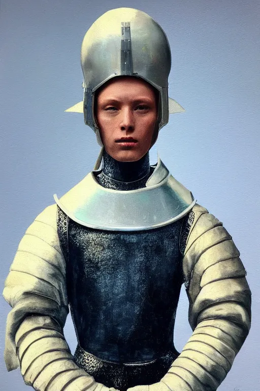 Image similar to hyperrealism oil painting, close - up portrait of albino medieval fashion model, knight, steel gradient mixed with nebula sky, in style of baroque