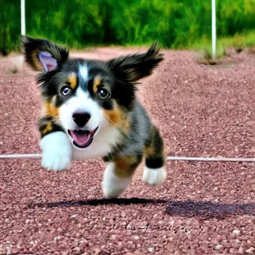 Prompt: children's book style digital painting of an Australian Shepherd puppy jumping in the air to catch a frisbee, very cute