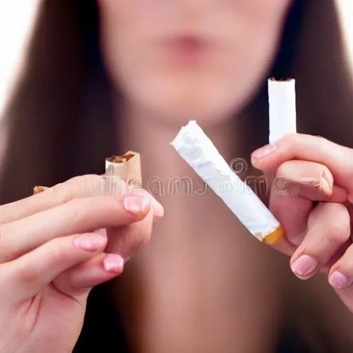 Image similar to Close-up of highly realistic female hand holding cigarette with smoke, white background, 4K, stock photo