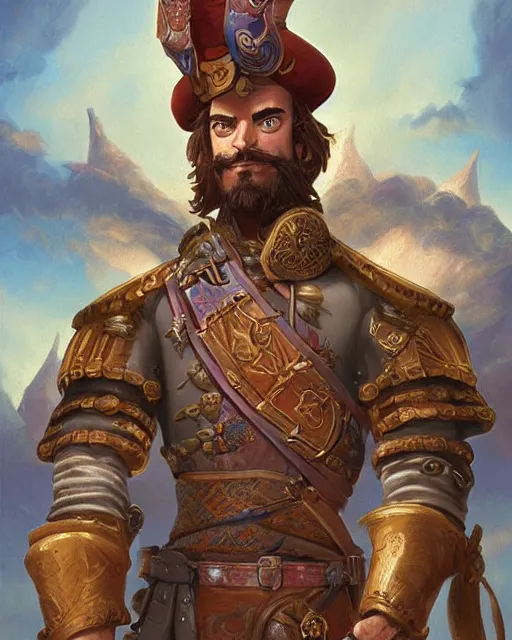 Image similar to digital painting of a pompous spanish conquistador by filipe pagliuso and justin gerard, symmetric, detailed, intricate, anatomy, facial features, digital painting, treasure planet color scheme, sharp focus, tarot card