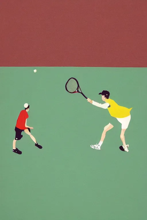 Image similar to an illustration of a tennis match by Oliver Jeffers. Screen Printed. Paper texture