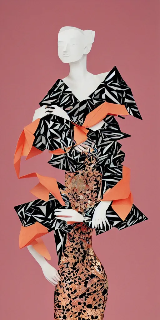 Image similar to portrait of a beautiful ceramic female tiger model wearing sakura and peach ( ( origami themed paper flower ) ) and metallic shapes haute couture by issey miyake