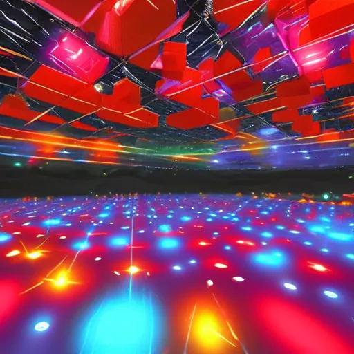 Image similar to promotional movie still wide - angle 3 0 m distance. colorful shiny pearlescent robots ( ( cat ) ) like disco music, disco balls, dance - off contests, space battles. very dramatic atmospheric volumetric lighting, octane 3 d render, ue 5, imax, saturday night fever ( film ), cocoon ( film ), scifi