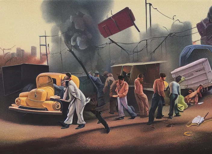 Prompt: people standing around a burning dumpster, an american scene painting by thomas hart benton, austin briggs, john philip falter, cg society, dystopian art, american realism, academic art