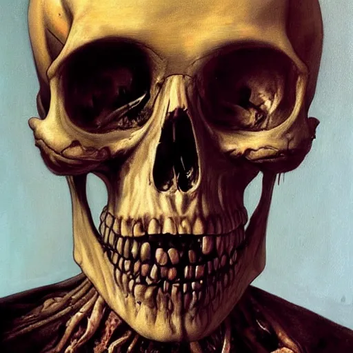 Image similar to human skull, hyper - realistic oil painting, body horror, biopunk, by ralph steadman, francis bacon, hunter s thompson