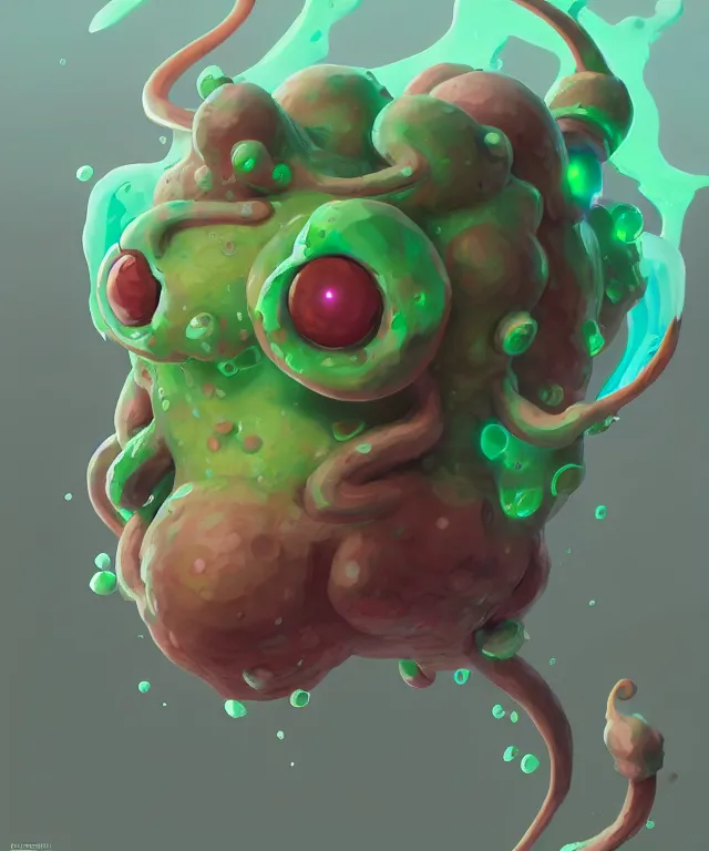 Image similar to an ooze slime creature in a pokemon artstyle, adorable and whimsical, fantasy, elegant, crisp 8 k line work, rim light, digital painting, artstation, unreal engine, octane render, concept art, matte, sharp focus, illustration, art by james jean and justin gerard and josan gonzalez