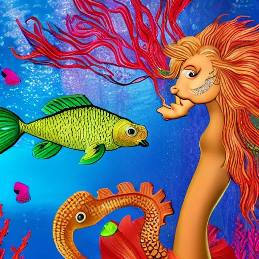 Image similar to detailed photo of alluring blonde mermaid riding a colorful seahorse underwater surrounded by fish