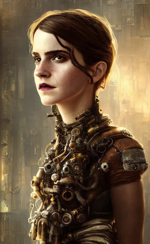 Prompt: steampunk biopunk portrait of emma watson, au naturel, hyper detailed, digital art, trending in artstation, cinematic lighting, studio quality, smooth render, unreal engine 5 rendered, octane rendered, art style by klimt and nixeu and ian sprigger and wlop and krenz cushart.