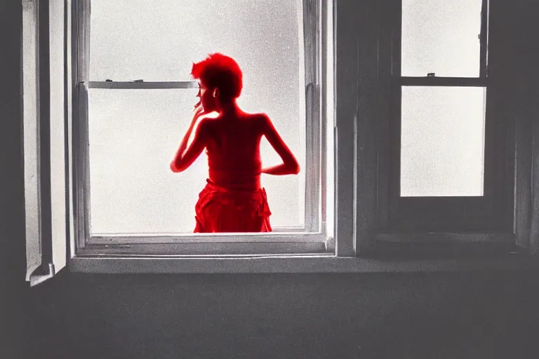 Image similar to punk girl wearing white and red looking outside the window in her bedroom during night time, elegant, highly detailed, 8 k, photorealistic, photography, real picture, heavy grain, neon lighting, hdr, photographed by steve mccurry, annie leibovitz, henri cartier - bresson, robert capa, andreas gursky