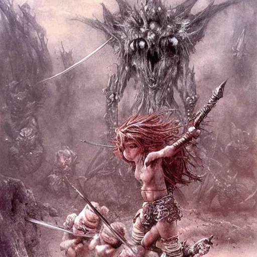 Image similar to barbarian girl fighting small cute goblins by Luis Royo and Beksinski