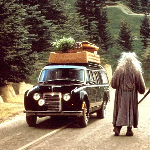 Image similar to Gandalf driving the hobbits to mordor in a station wagon