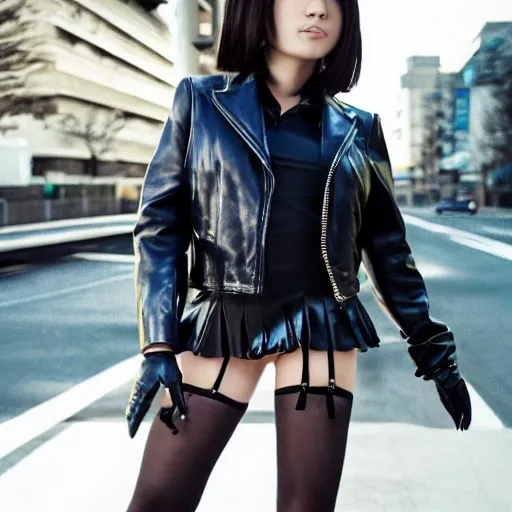 Image similar to a dynamic, epic cinematic 8K HD movie shot of a japanese beautiful cute young J-Pop idol actress yakuza rock star girl wearing leather jacket, miniskirt, nylon tights, high heels boots, gloves and jewelry. Motion, VFX, Inspirational arthouse, at Behance, with Instagram filters