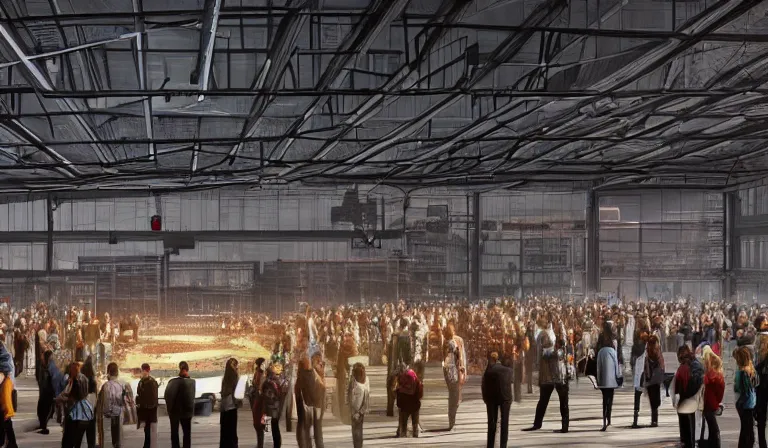 Image similar to large group people in open warehouse, looking at hologram of futuristic city on a table, cinematic concept art, godrays, golden hour, natural sunlight, 4 k, clear details, tabletop model buildings, center model buildings, hologram center, crane shot, crane shot, crane shot, godrays