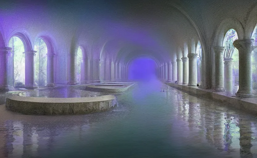 Image similar to park tiled room squared waterway, aqueducts, fantasy,. by konstantin razumov, fractal flame, chiaroscuro, highly detailded, volumetric lighting