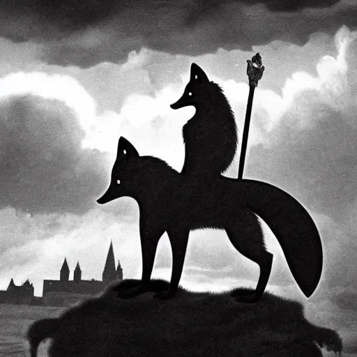 Prompt: anthropomorphic fox!! who is a medieval knight holding a swo - rd towards a stormy thundercloud [ 1 9 3 0 s film still ], ( castle in the background )