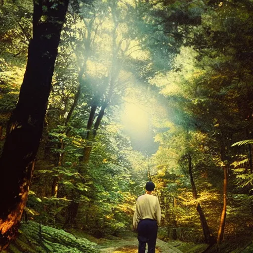 Image similar to 1 9 9 0 s candid 3 5 mm photo of a beautiful forest in tokyo, cinematic lighting, cinematic look, golden hour, the clouds are epic and colorful with cinematic rays of light, a man walks down the center of the forest with a beanie on, photographed by petra collins, uhd