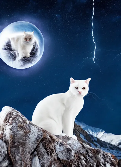 Prompt: giant white cat on a snowy mountain with lightning coming out of its hands, blue sky background with moon