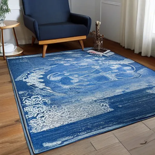 Prompt: A blue colored Japanese ukiyo-e rug with a Persian rug edge.,with soft pink colors